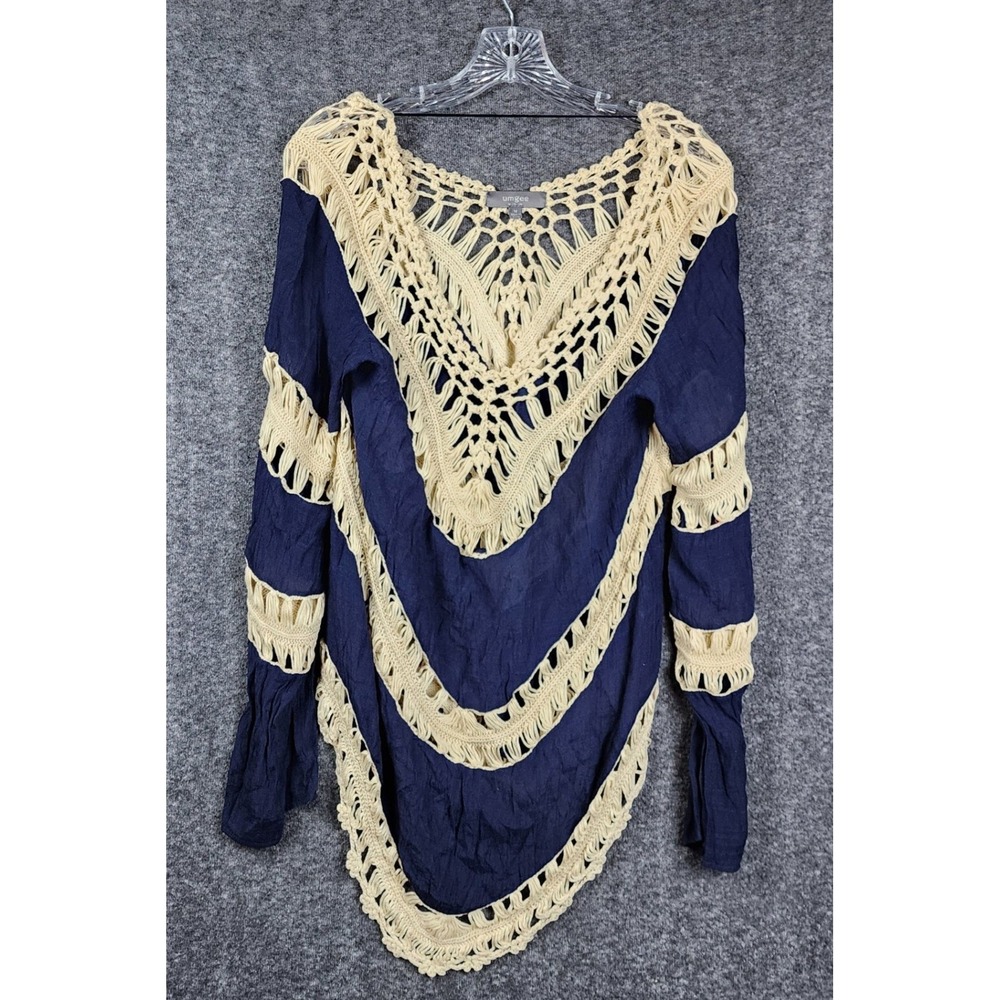 Umgee USA Tunic Top Womens Medium Navy Blue Crochet Knit Boho Sharkbite A9654